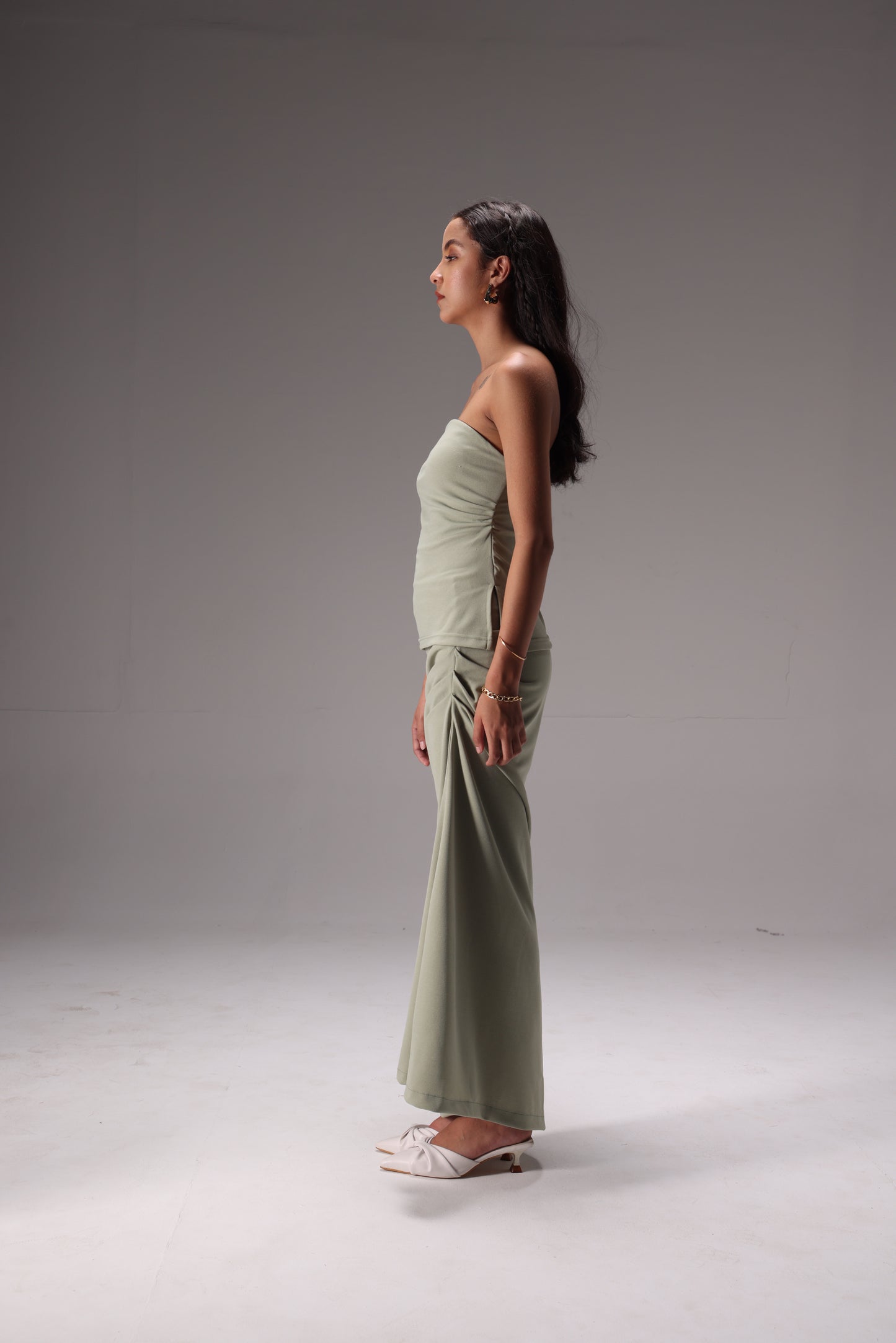 Sage Ruched Tube Crepe Skirt Set