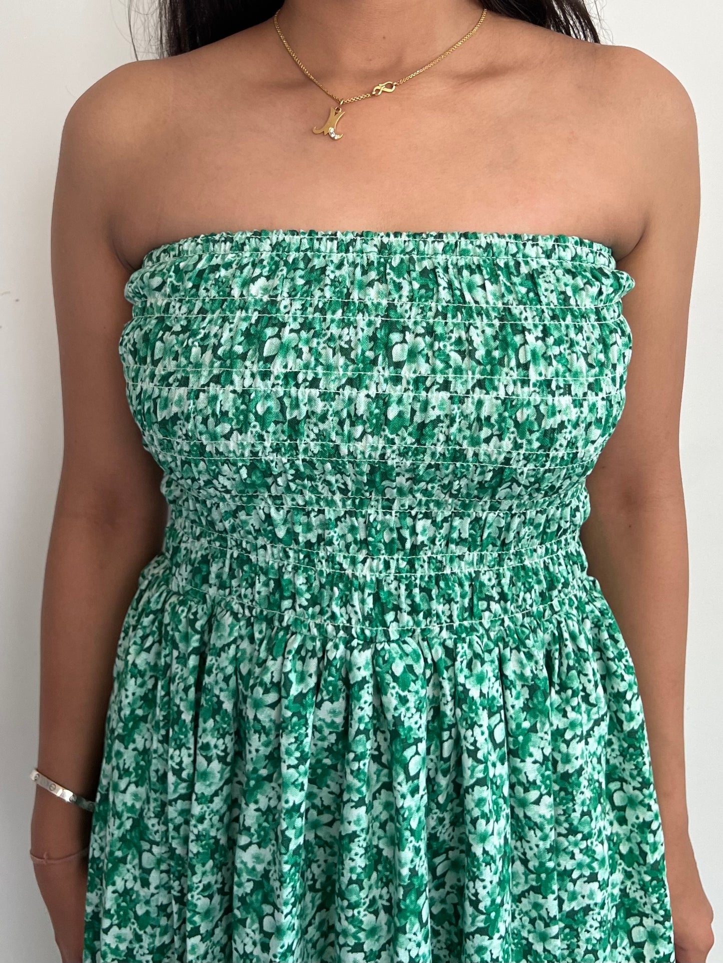 Tube smocking green print dress