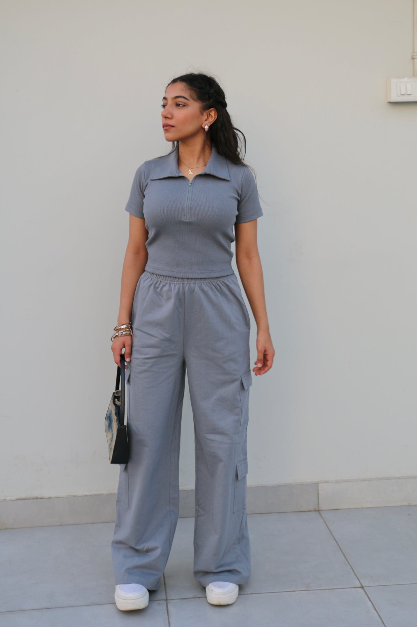 Grey Half Sleeves French Terry Cargo Co-ord