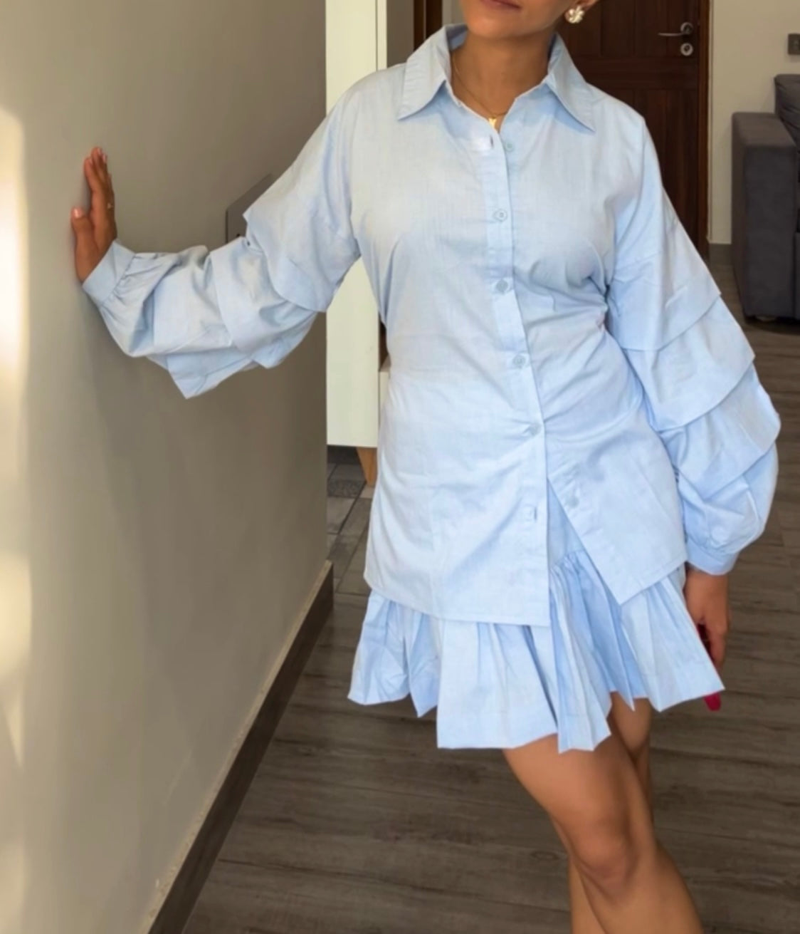 Ice Blue Cotton Poplin Ruffle Skort Set