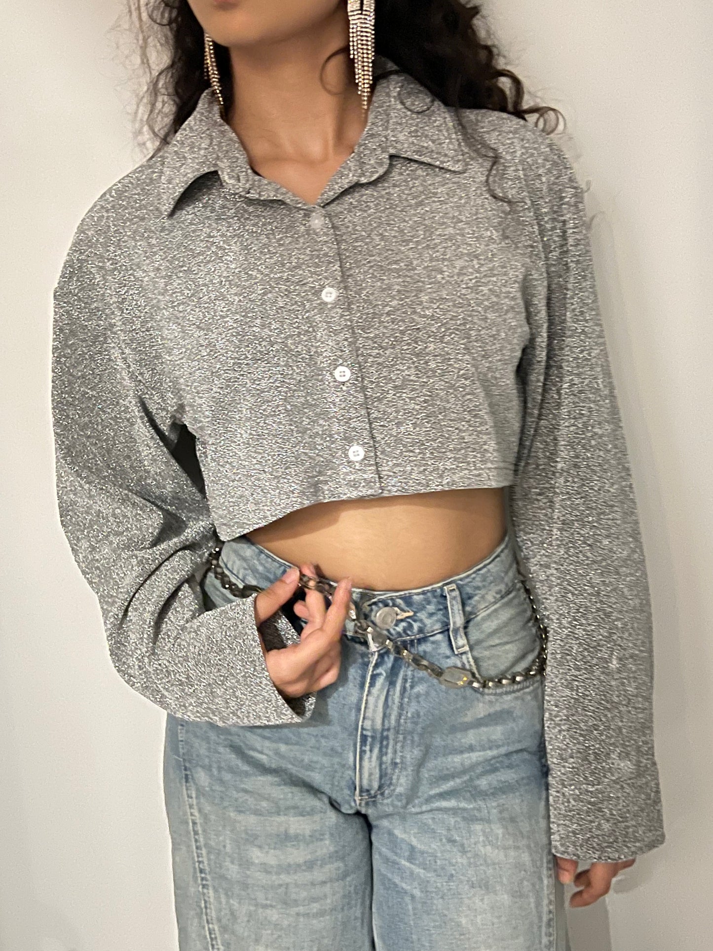 Silver Cotton Shimmer Crop Shirt