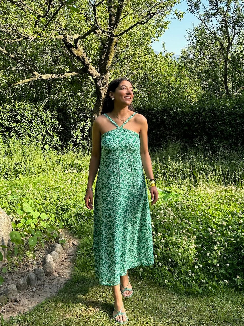 Halter Cotton Linen Blend Printed Dress