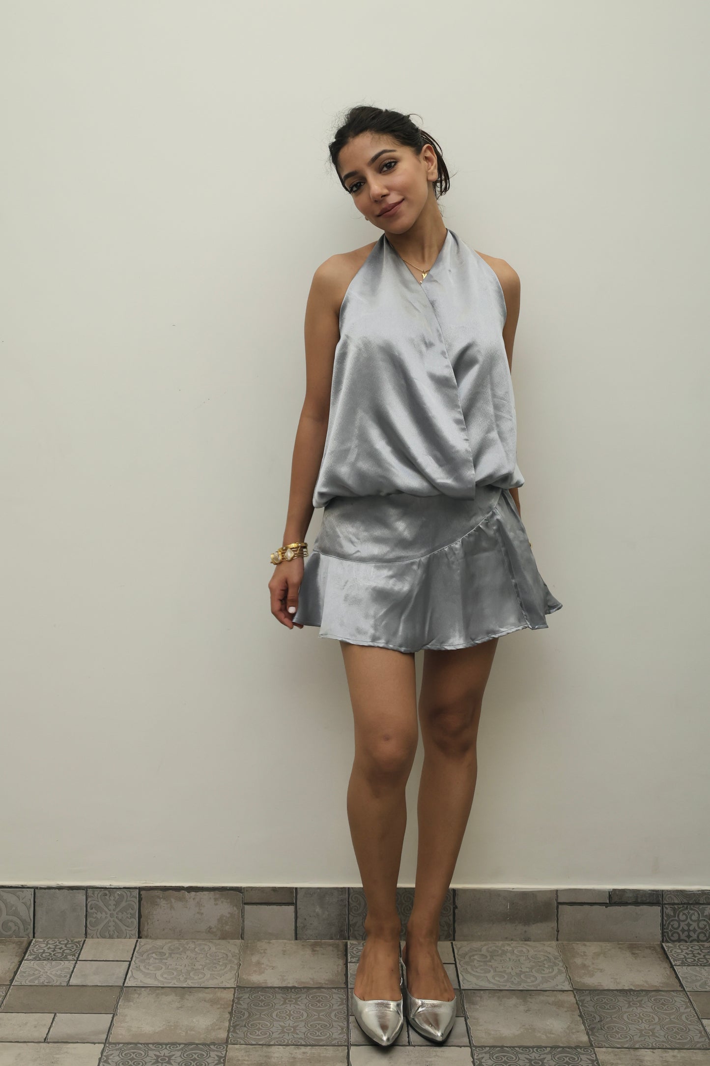 Subtle Silver Luxe Satin SKORT Set