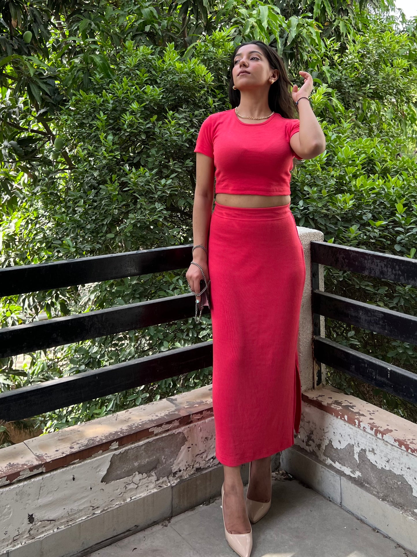 RIB Skirt Fuchsia Pink Half Sleeves SET