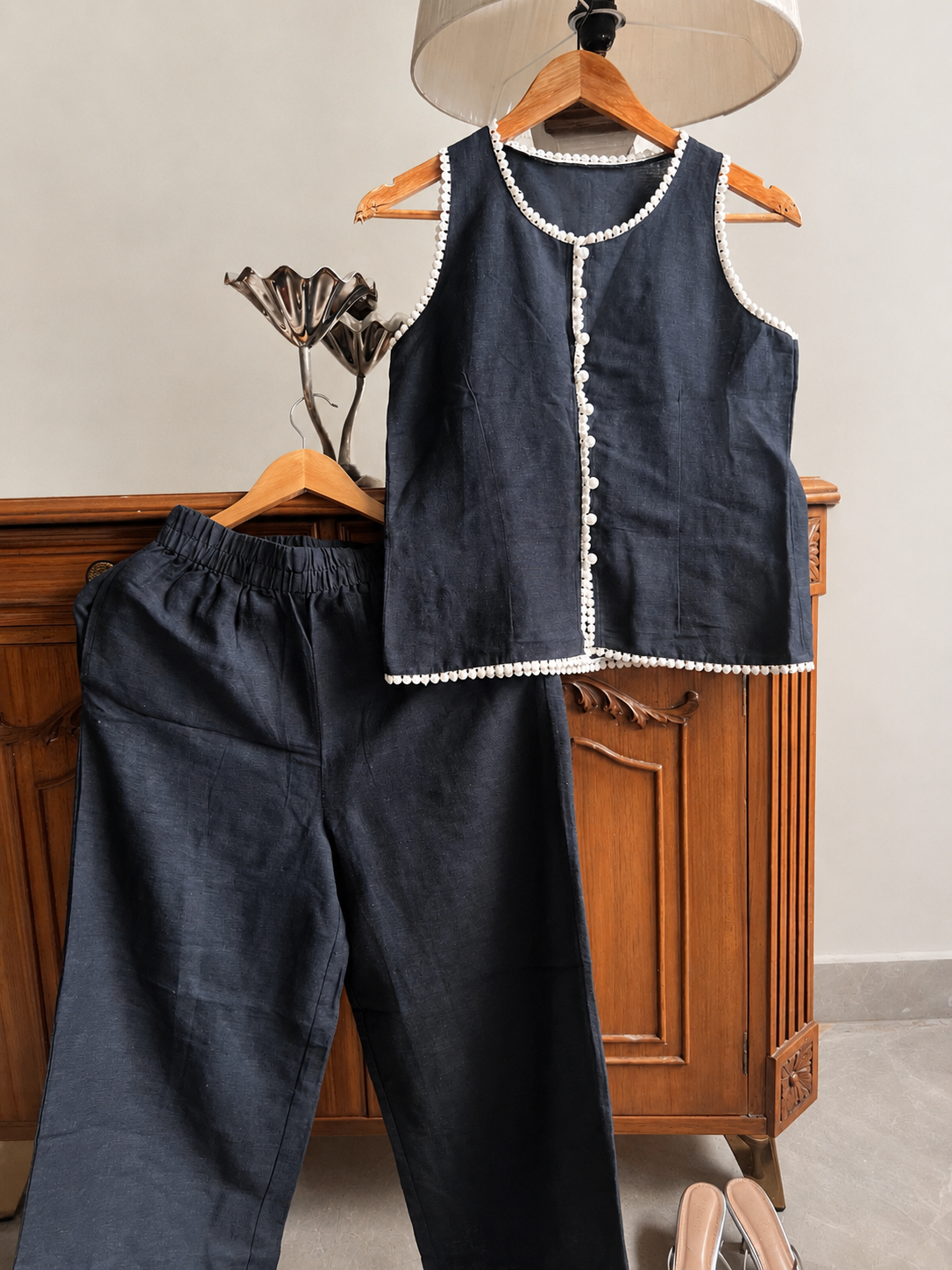 Charcoal Cotton Top & Pants Set with lace detailing and pearl buttons