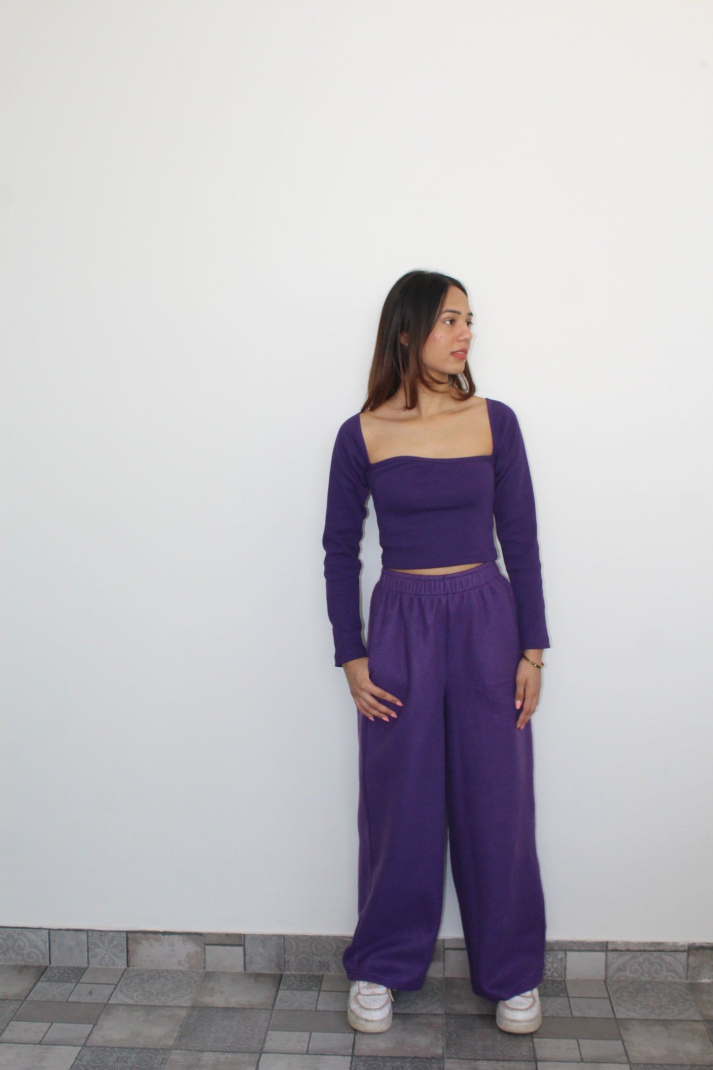 Cotton Fleece Dark Purple Crop Set