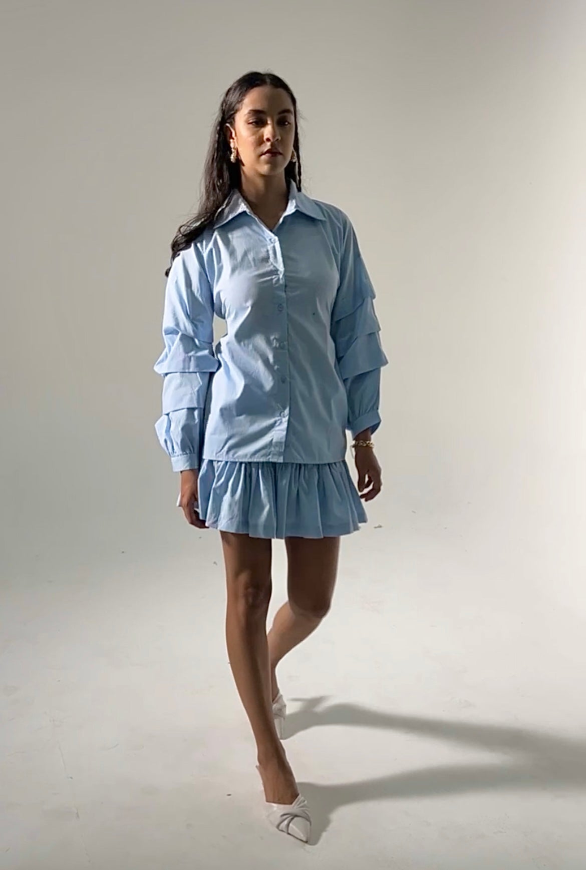Ice Blue Cotton Poplin Ruffle Skort Set
