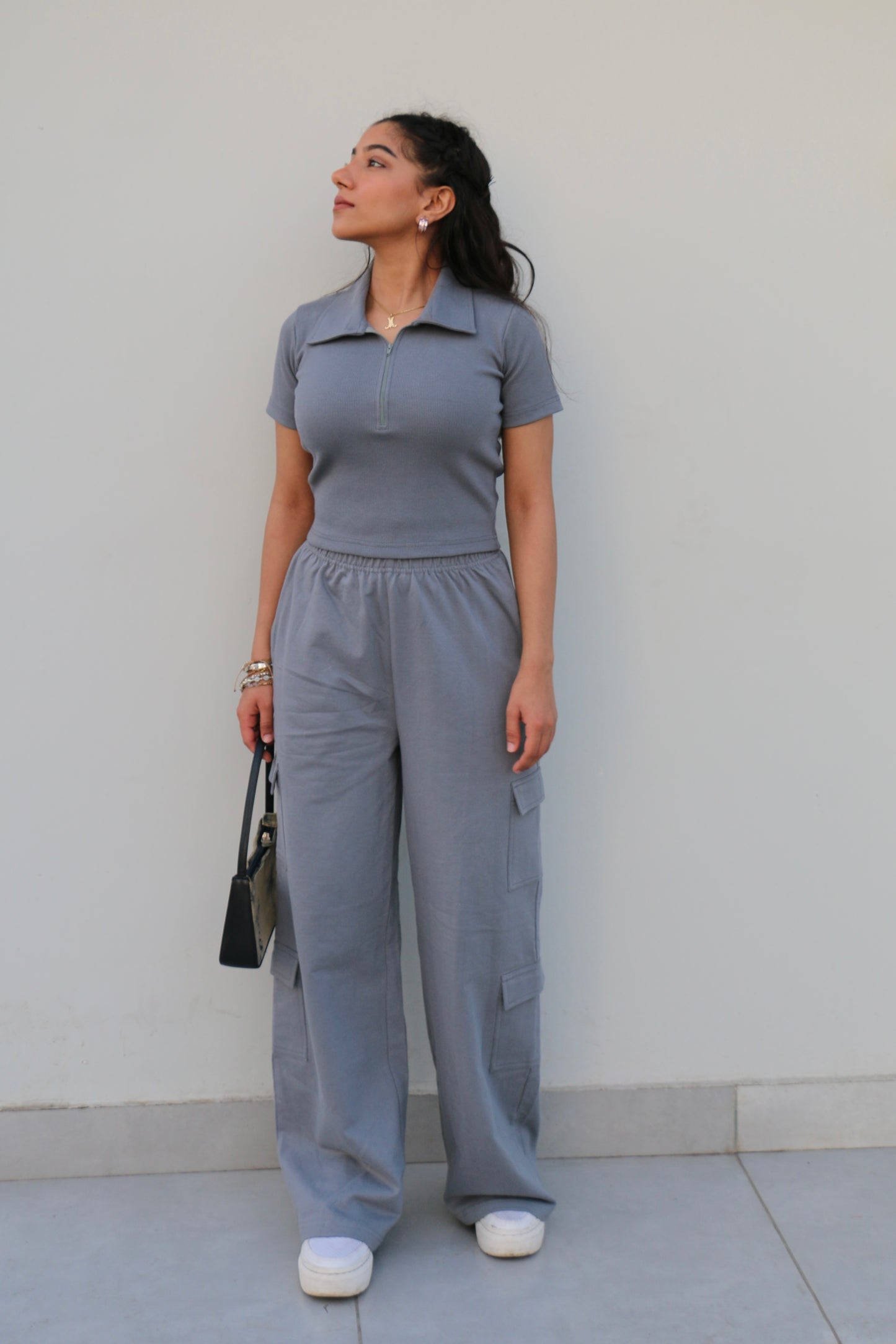 Grey Half Sleeves French Terry Cargo Co-ord