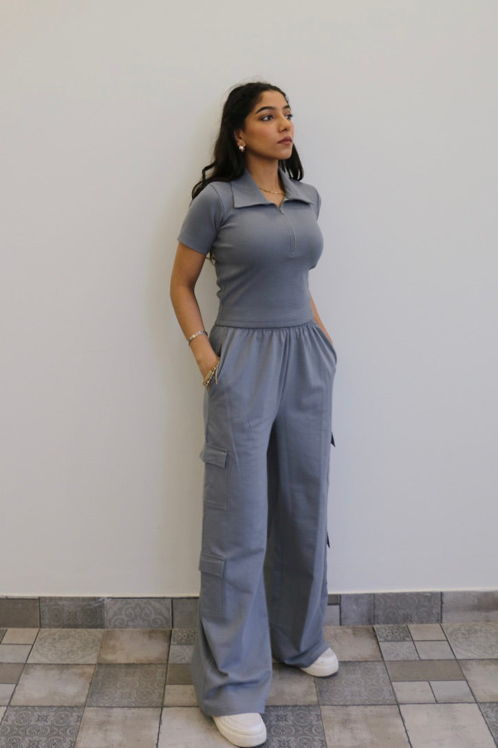 Grey Half Sleeves French Terry Cargo Co-ord