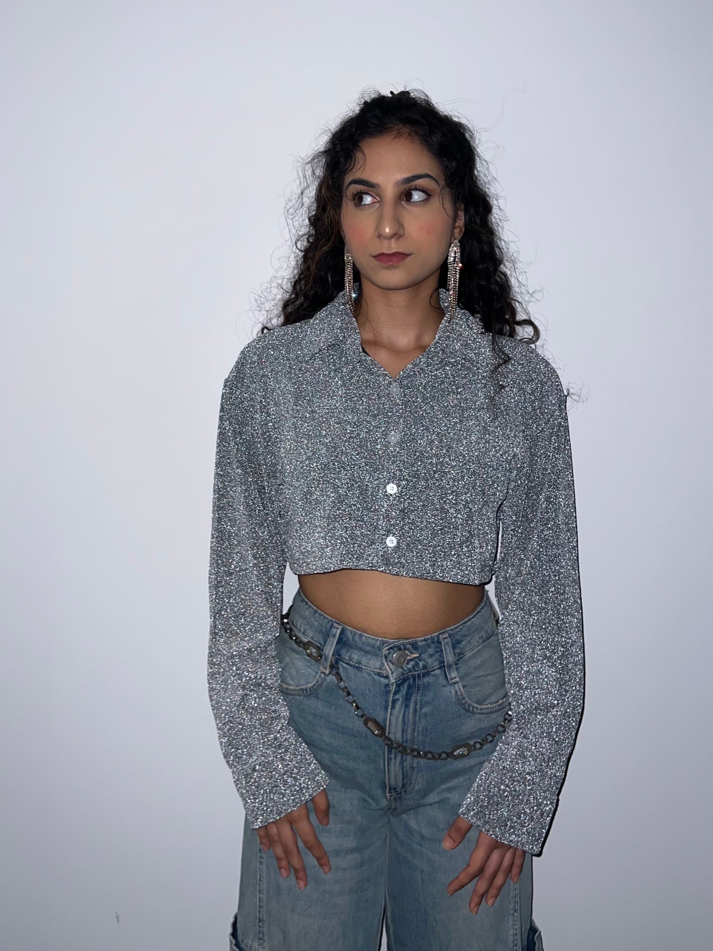 Silver Cotton Shimmer Crop Shirt