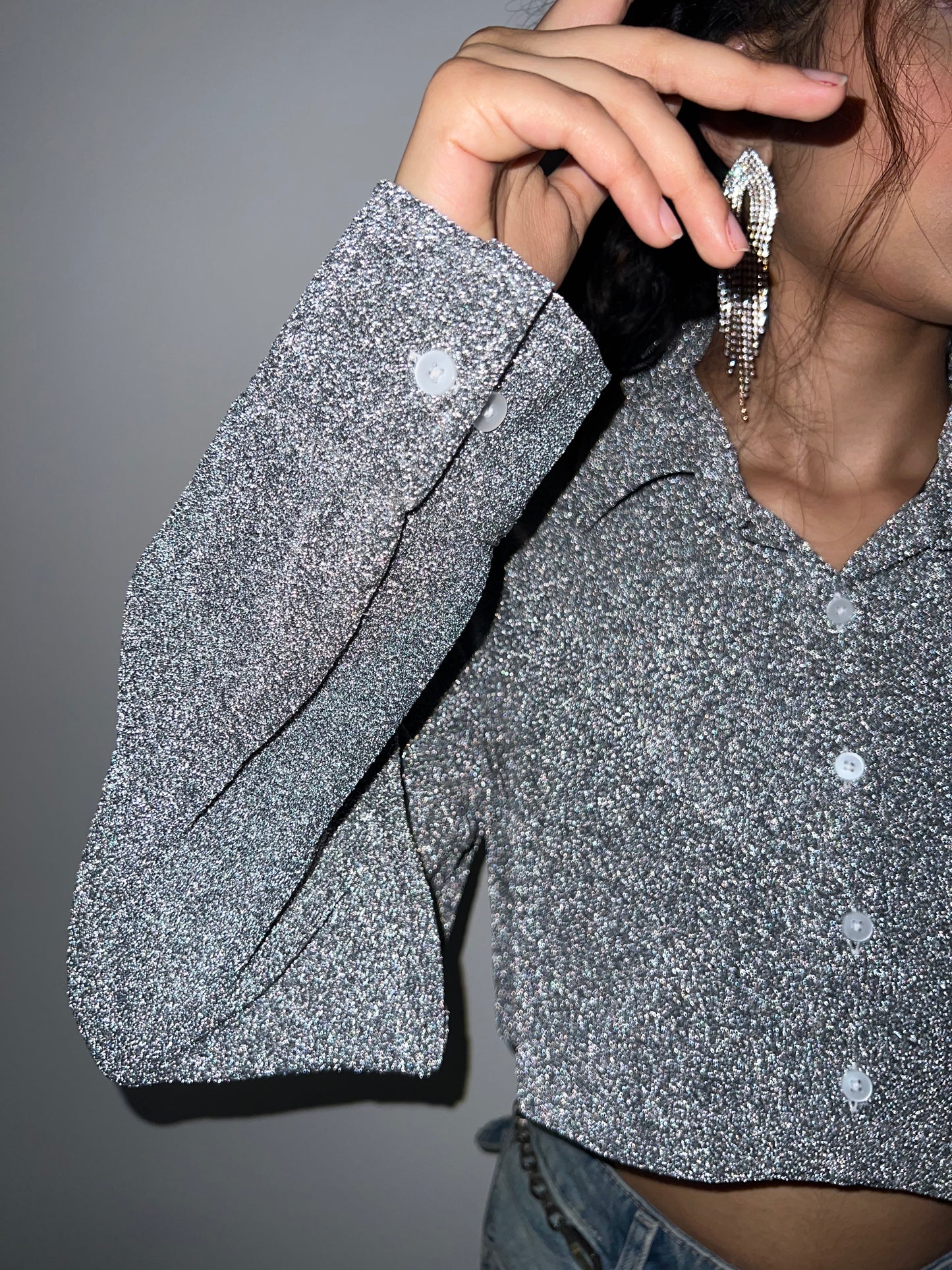 Silver Cotton Shimmer Crop Shirt