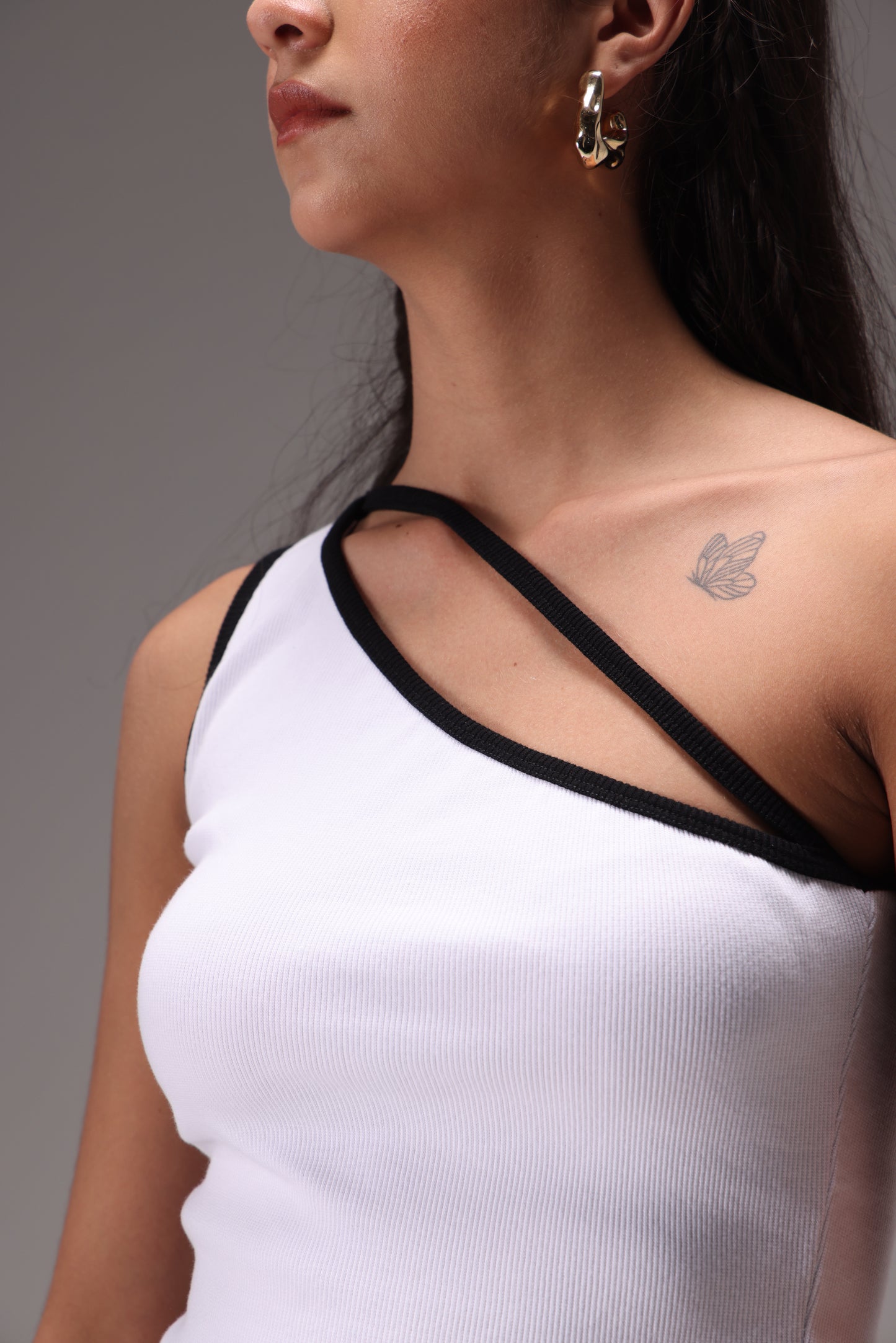 Yin Yang One Shoulder Rib Top & Cotton Skirt Set