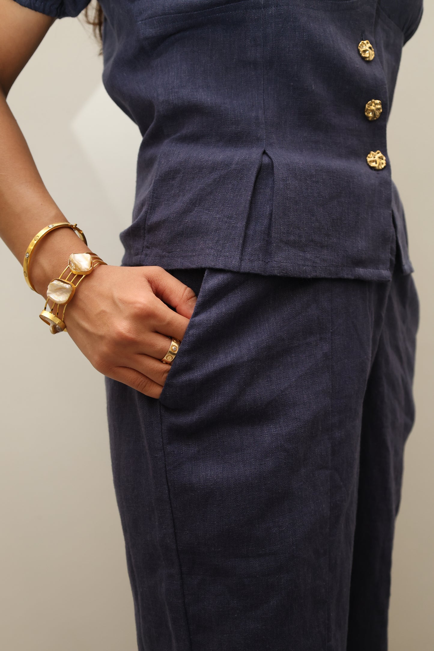 Navy Blue Cotton Linen Blend Sculpted Set