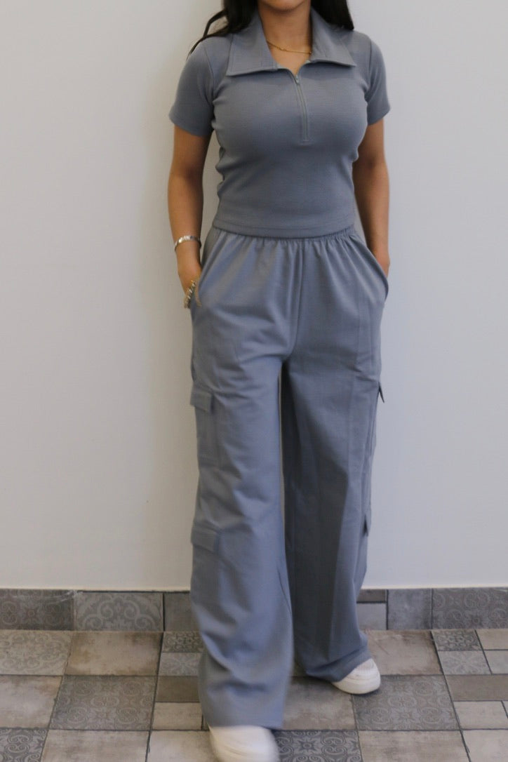 Grey Half Sleeves French Terry Cargo Co-ord