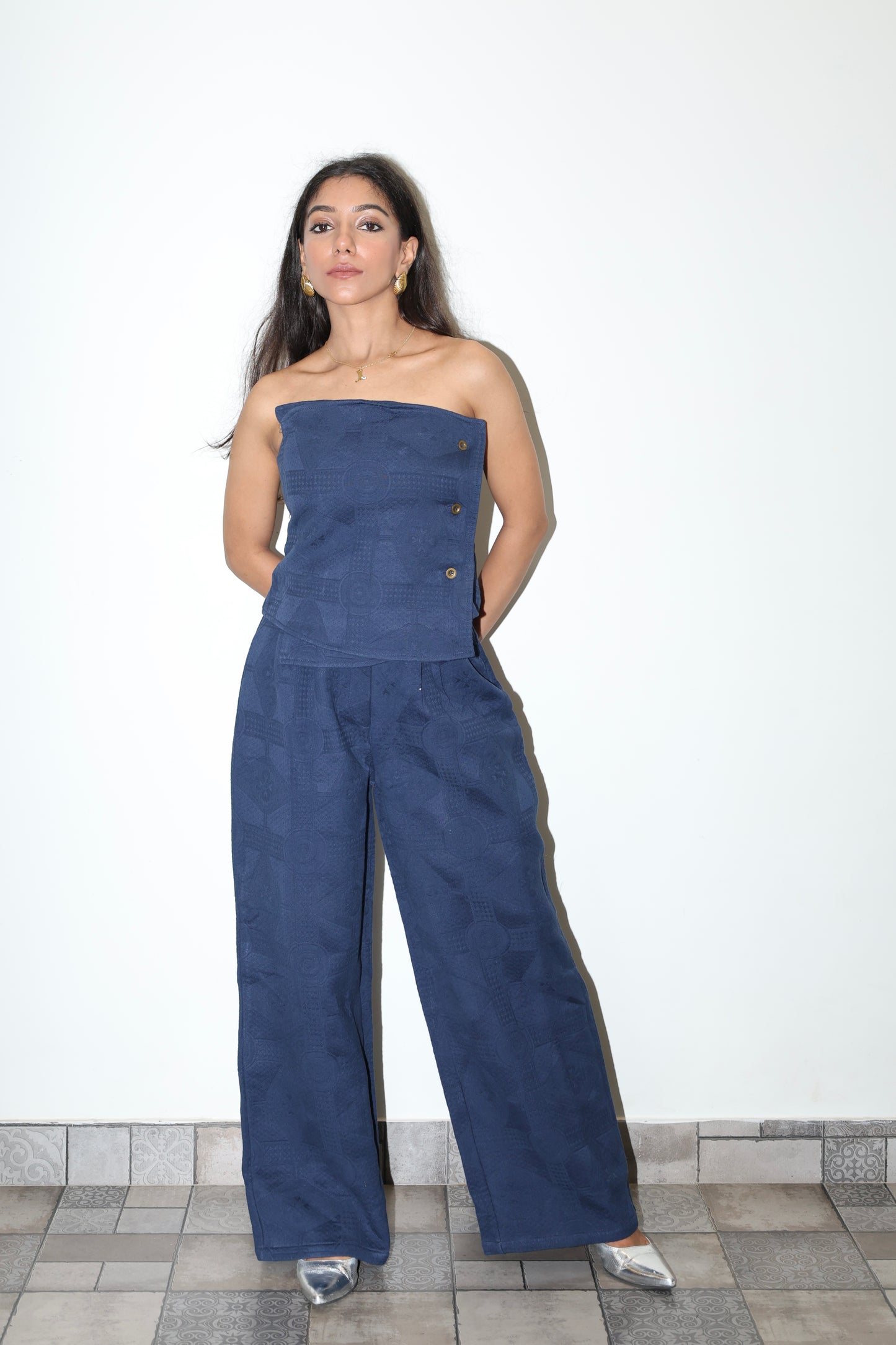 Lightweight Jacquard Strapless Corset Barrel Pant Set