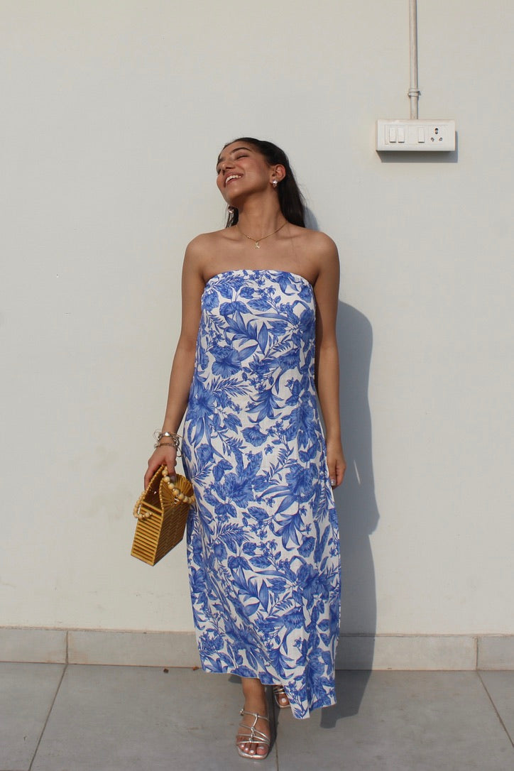 Printed Tube Cotton Linen Blend Dress