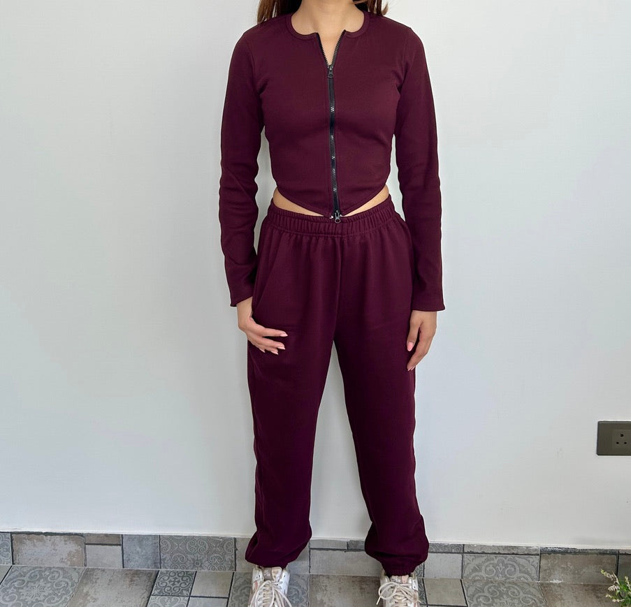 Cotton Fleece Wine Jogger Set