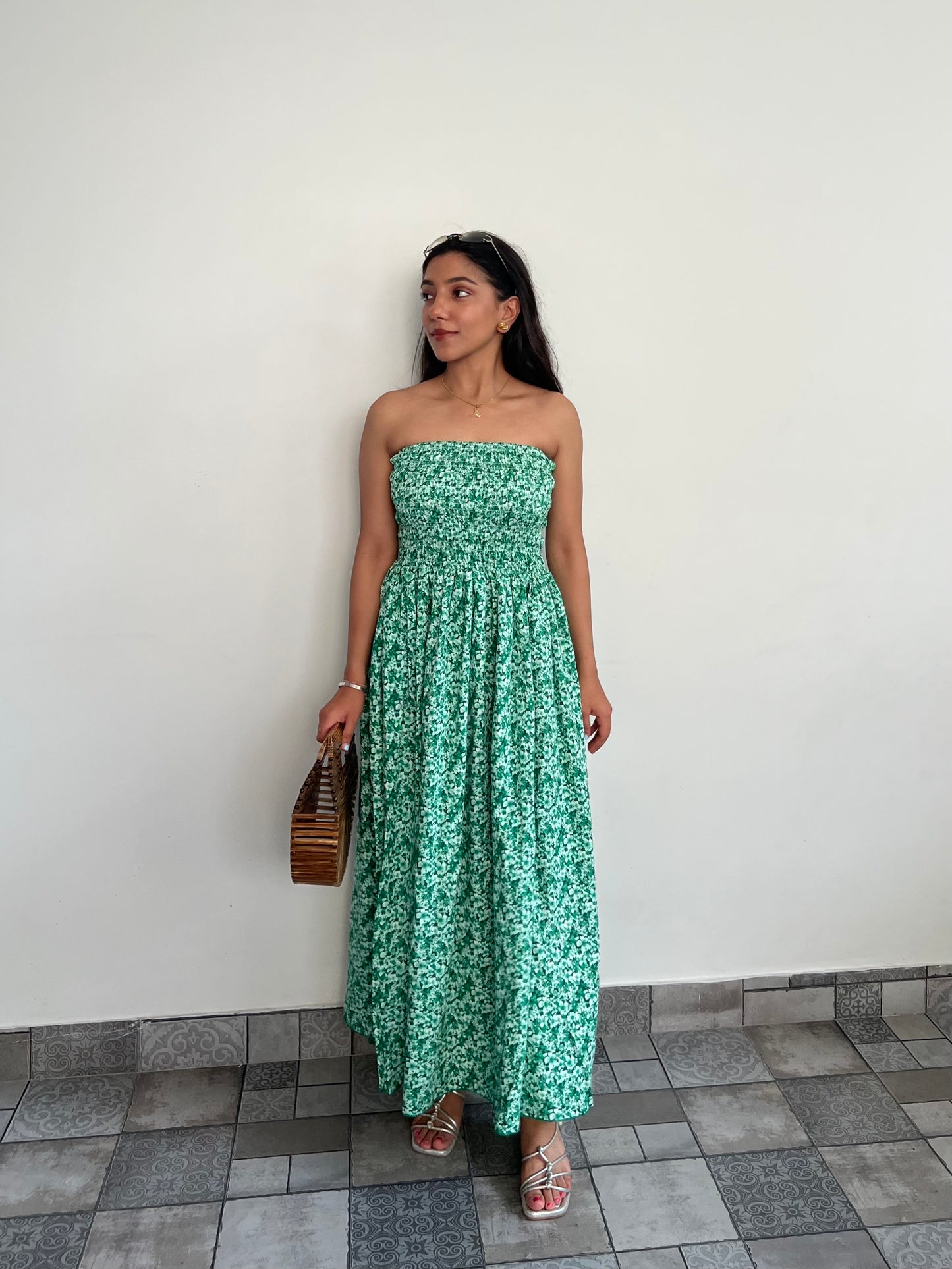 Tube smocking green print dress
