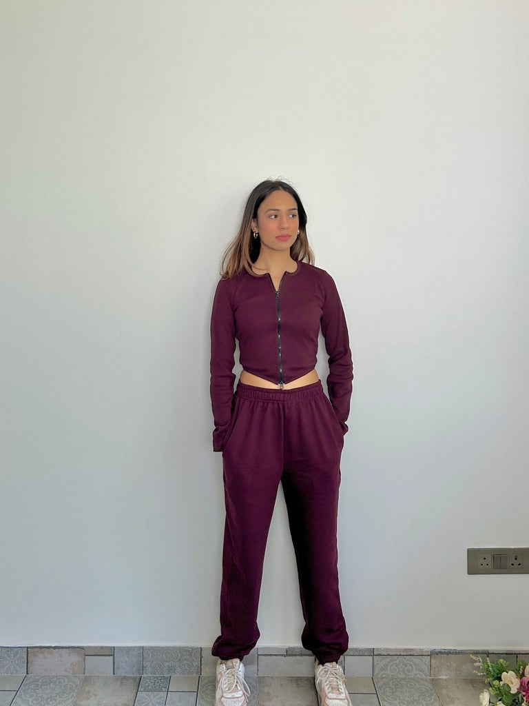 Cotton Fleece Wine Jogger Set