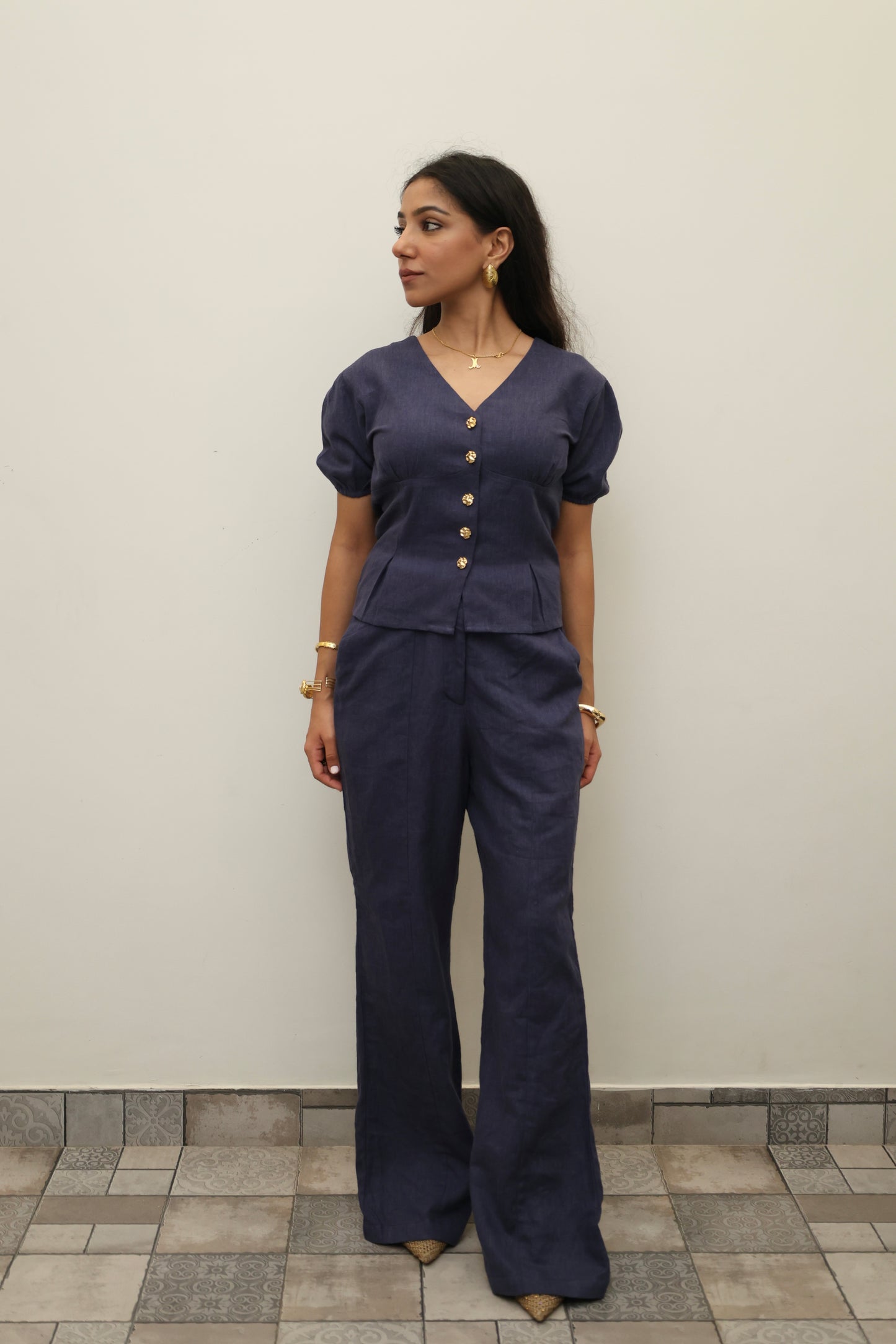Navy Blue Cotton Linen Blend Sculpted Set