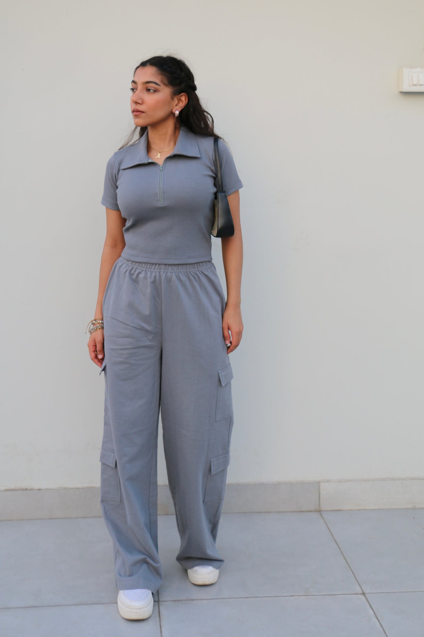 Grey Half Sleeves French Terry Cargo Co-ord