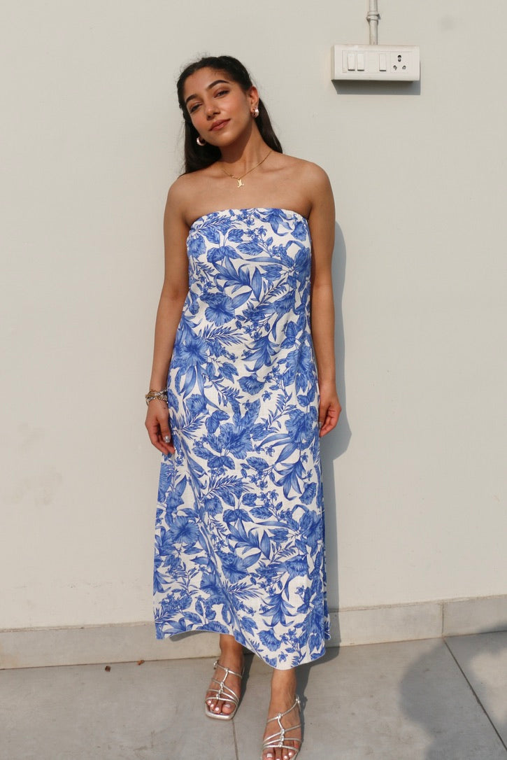 Printed Tube Cotton Linen Blend Dress