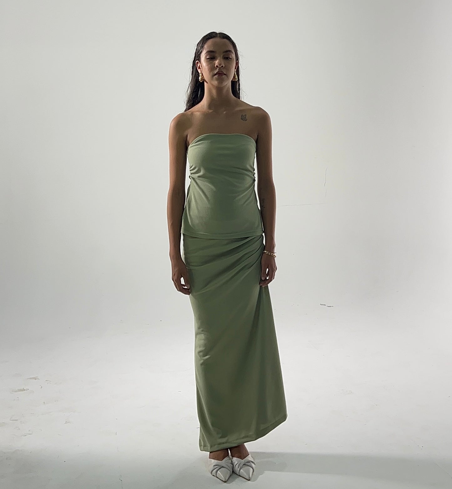 Sage Ruched Tube Crepe Skirt Set