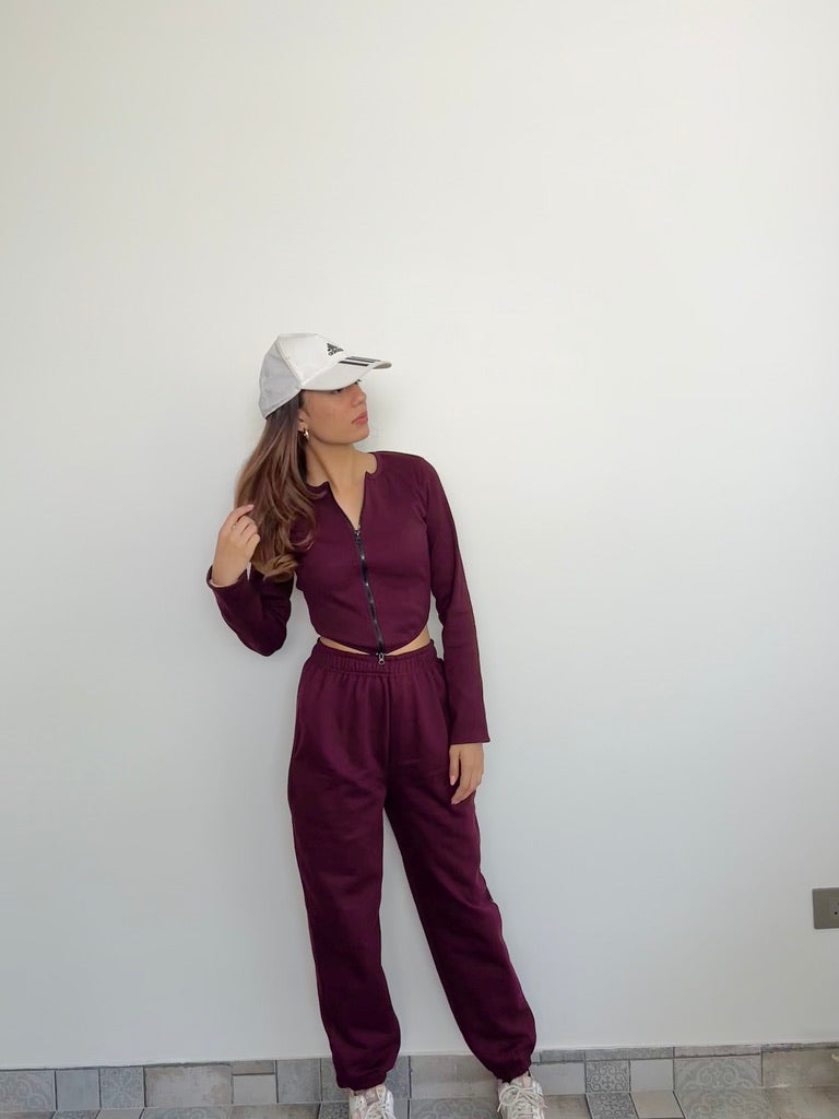 Cotton Fleece Wine Jogger Set