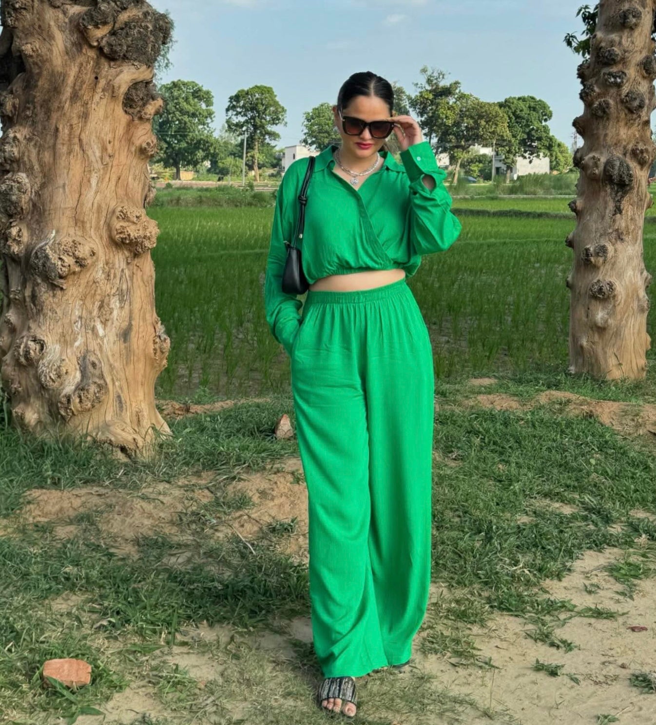 Crinkled Green Crop Shirt Set