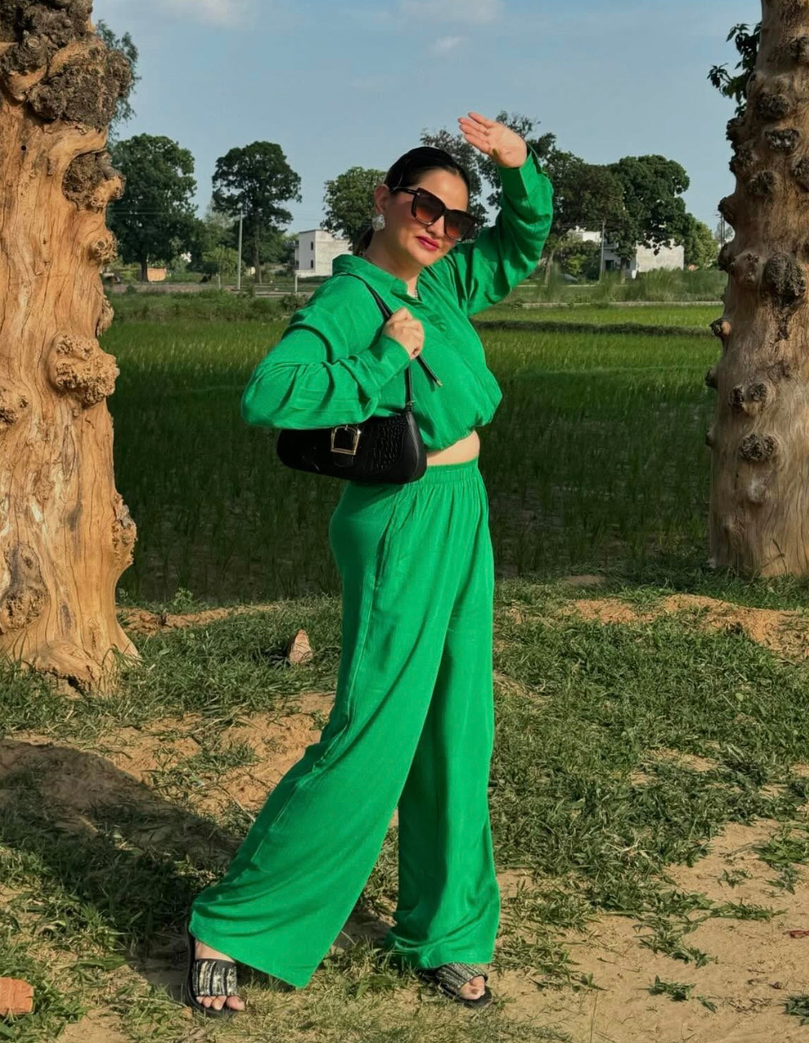 Crinkled Green Crop Shirt Set
