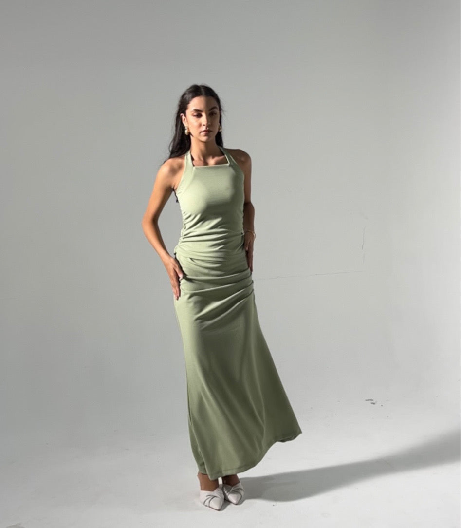 Sage Ruched Halter Crepe Skirt Set