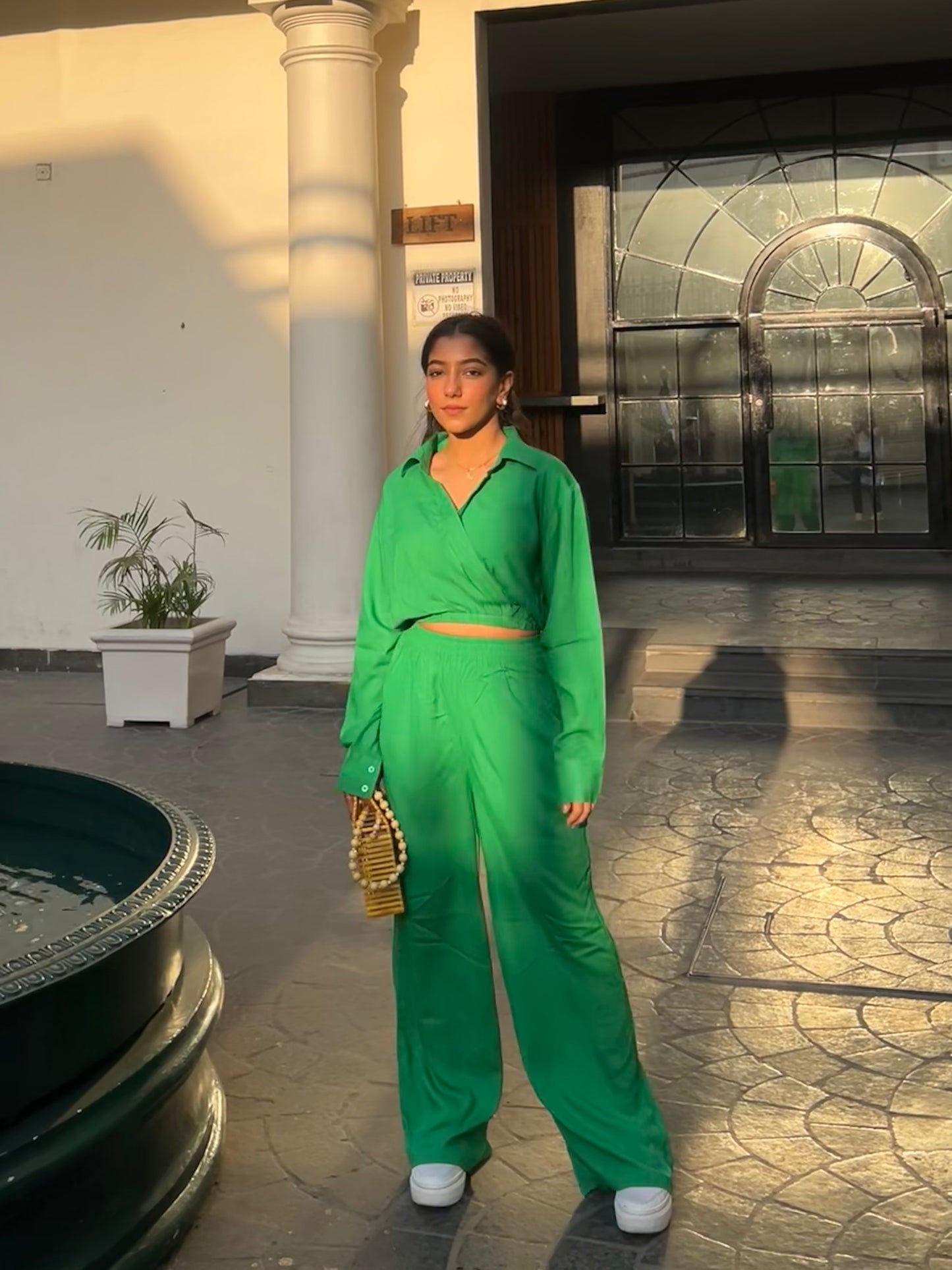 Crinkled Green Crop Shirt Set