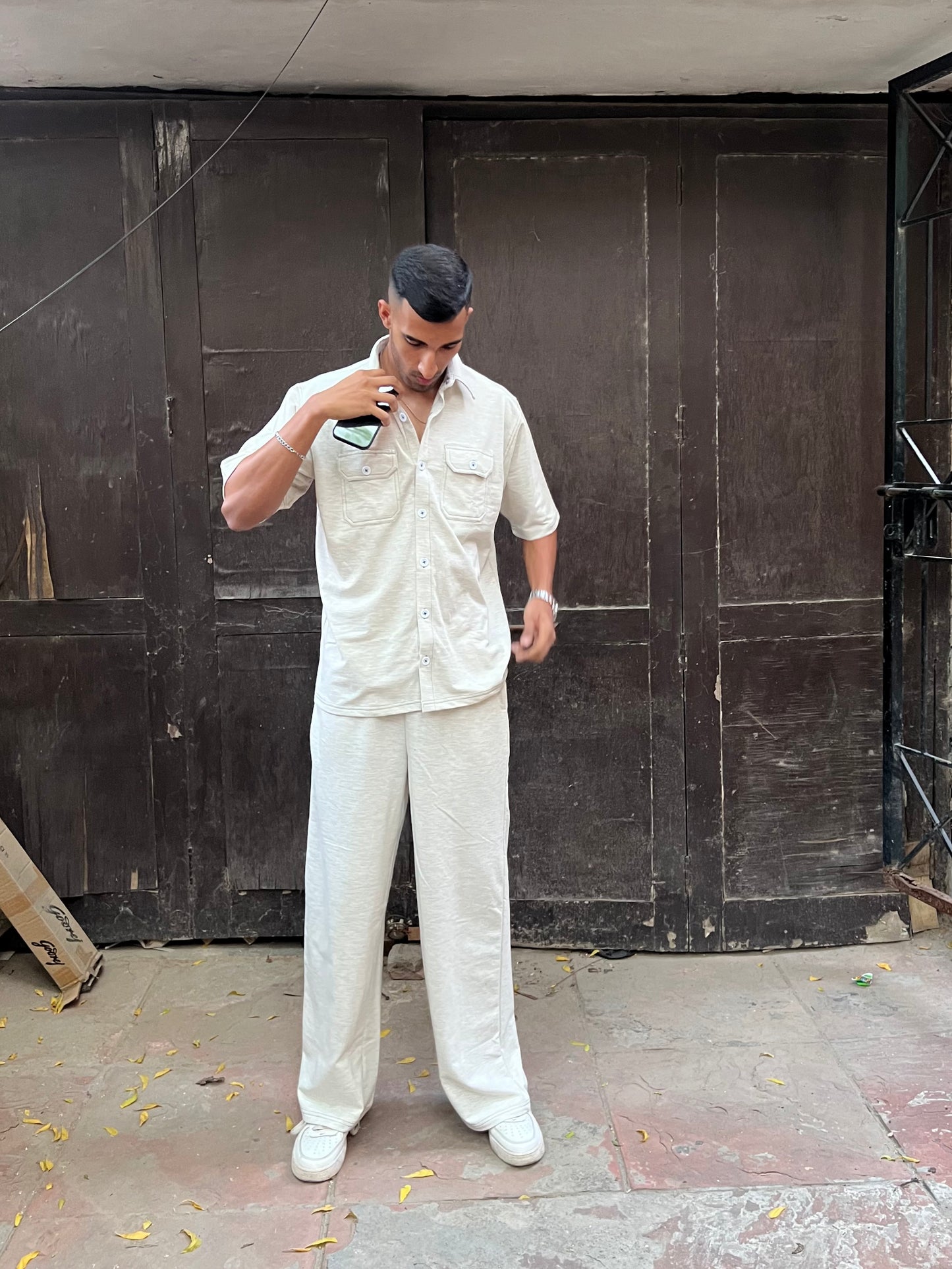 French Terry Men's Shirt Co-ord White Melange