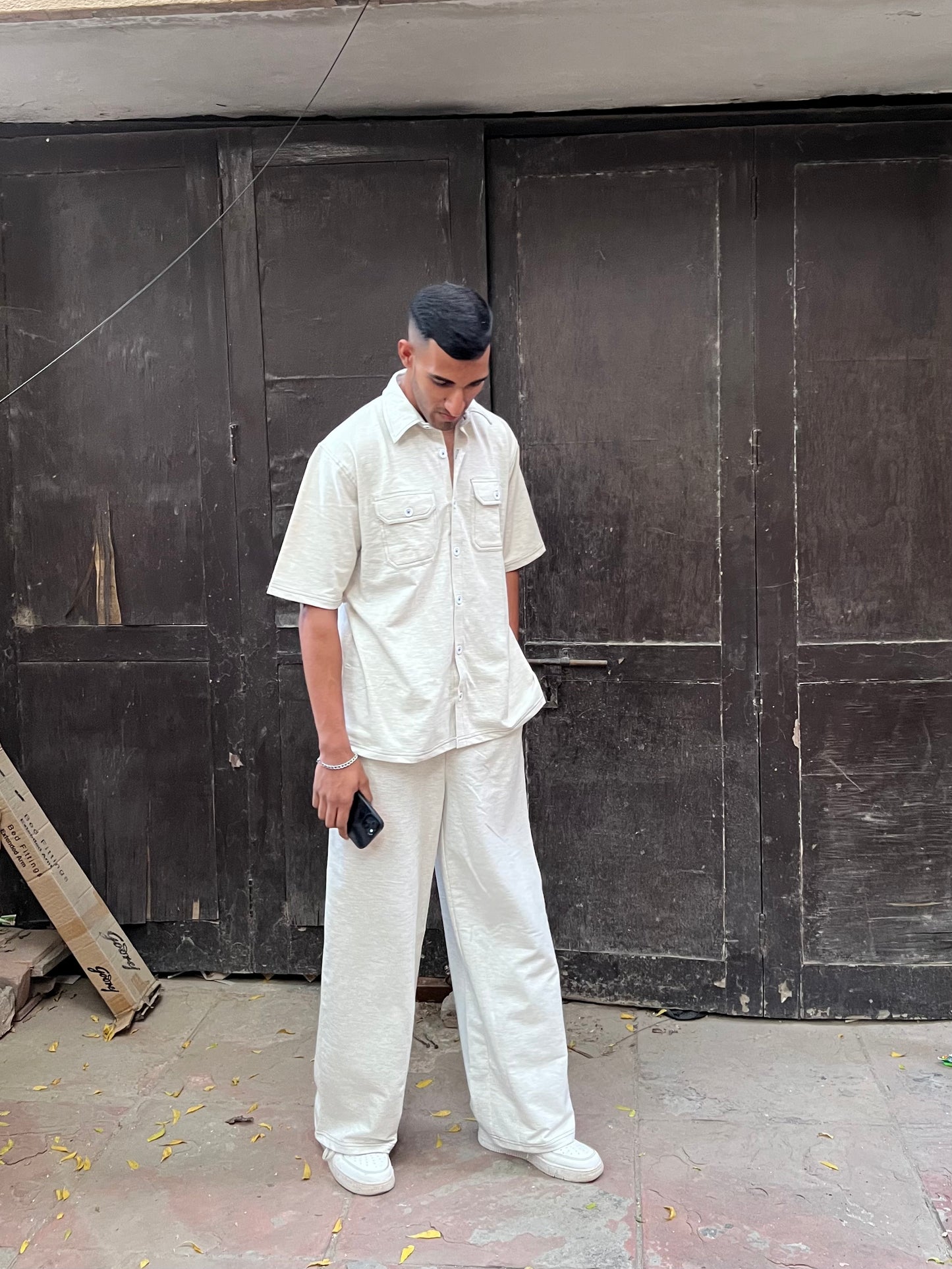 French Terry Men's Shirt Co-ord White Melange
