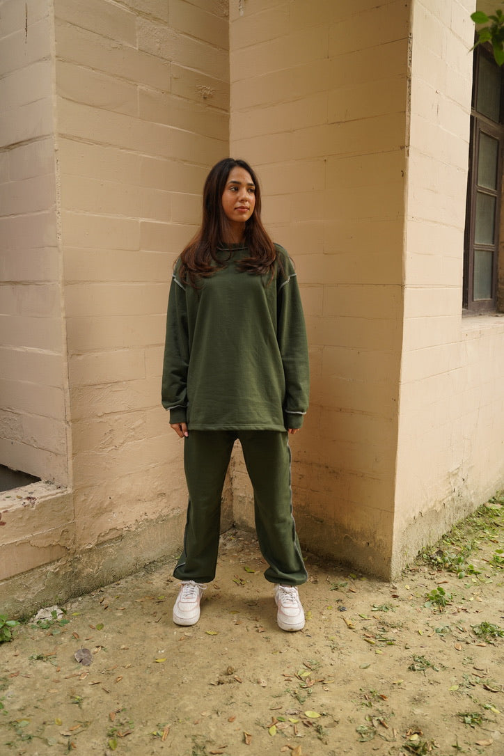 Cotton Fleece Unisex Contrast Stitch Forest Green Co-ord