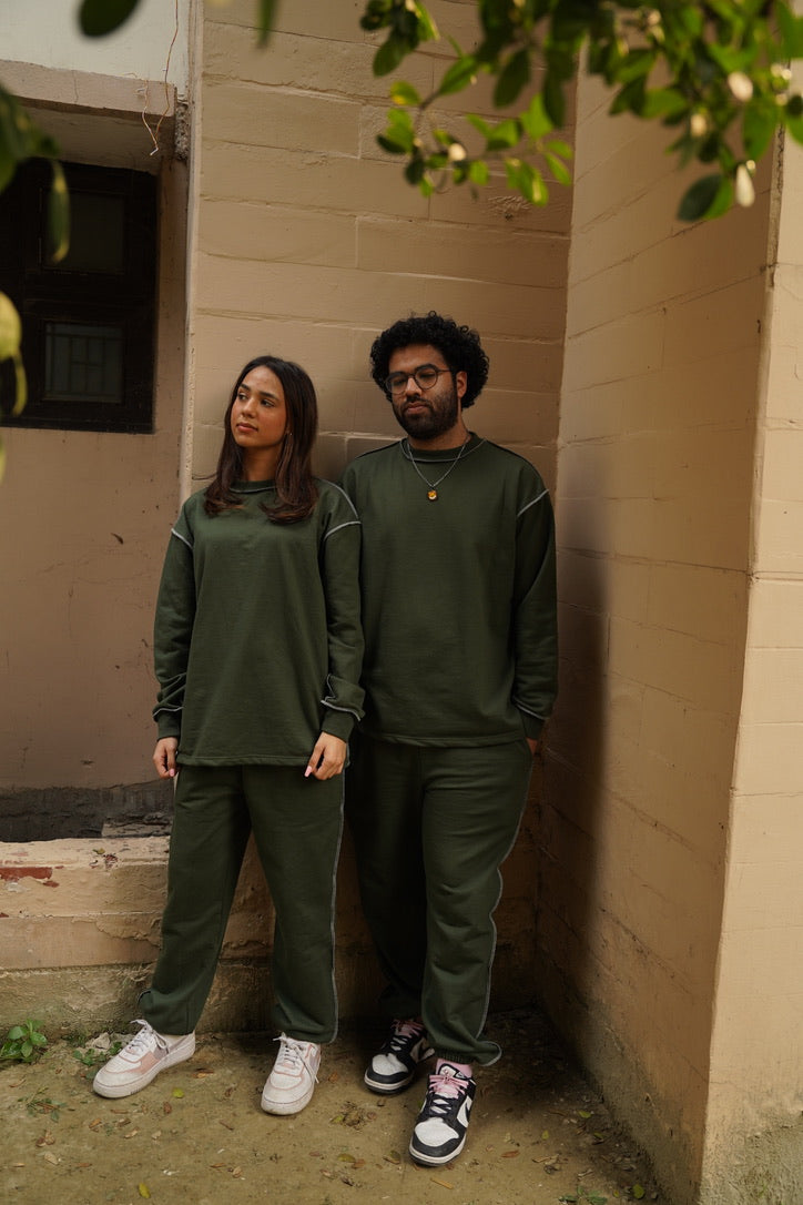 Cotton Fleece Unisex Contrast Stitch Forest Green Co-ord