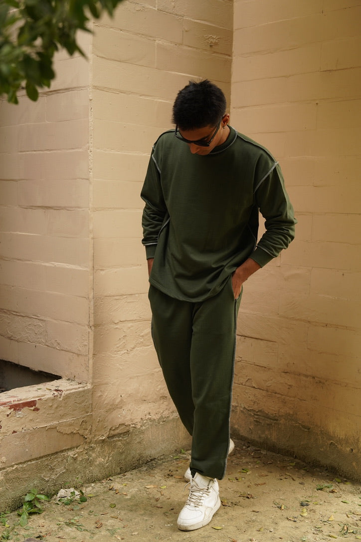 Cotton Fleece Unisex Contrast Stitch Forest Green Co-ord