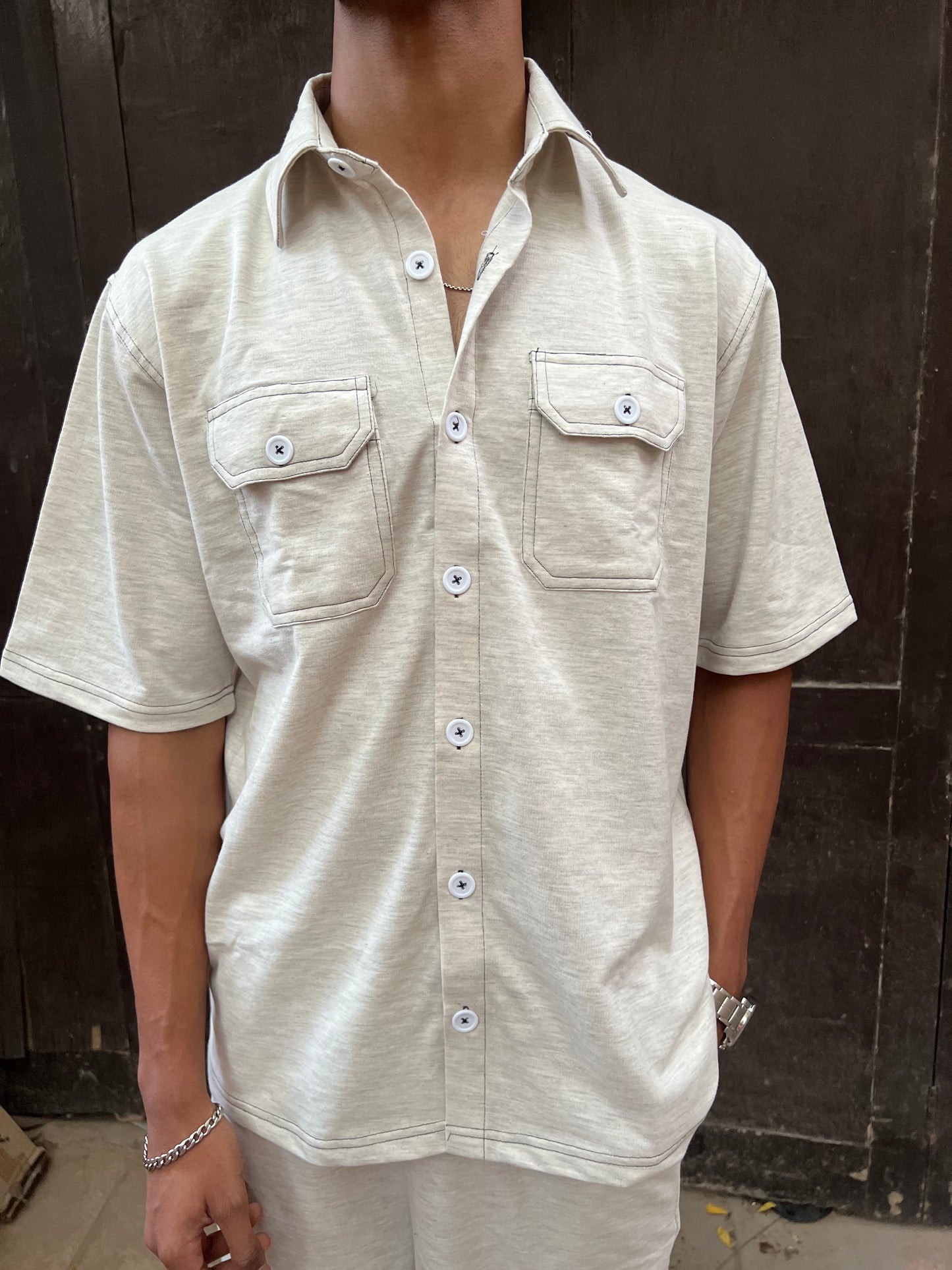 French Terry Men's Shirt Co-ord White Melange