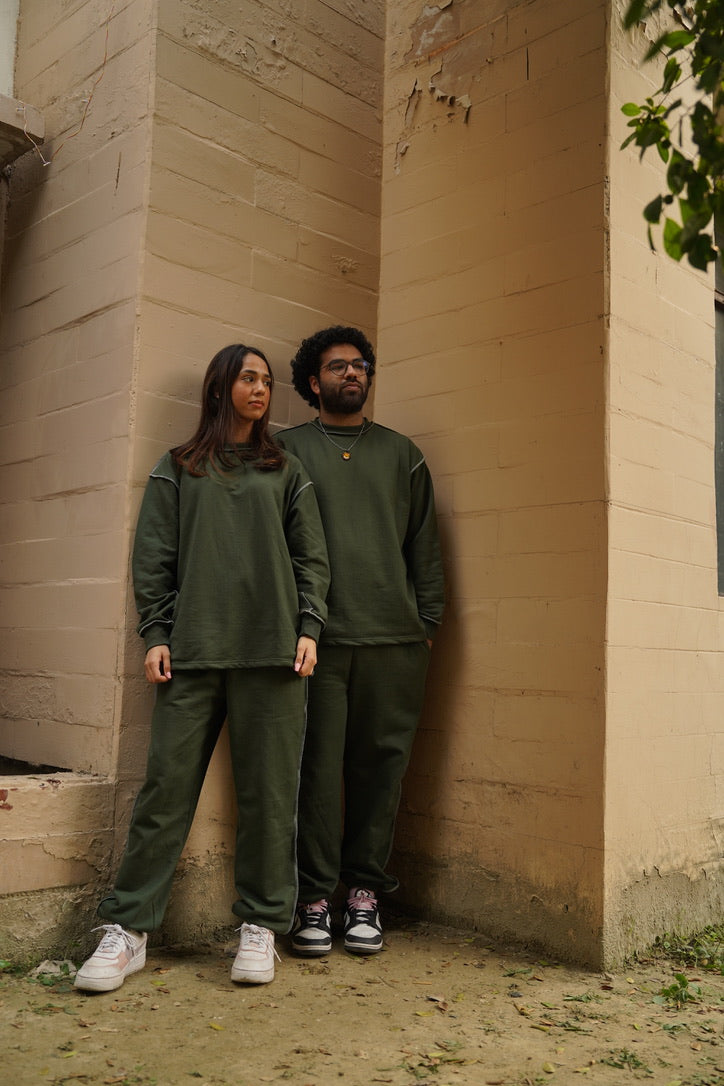 Cotton Fleece Unisex Contrast Stitch Forest Green Co-ord