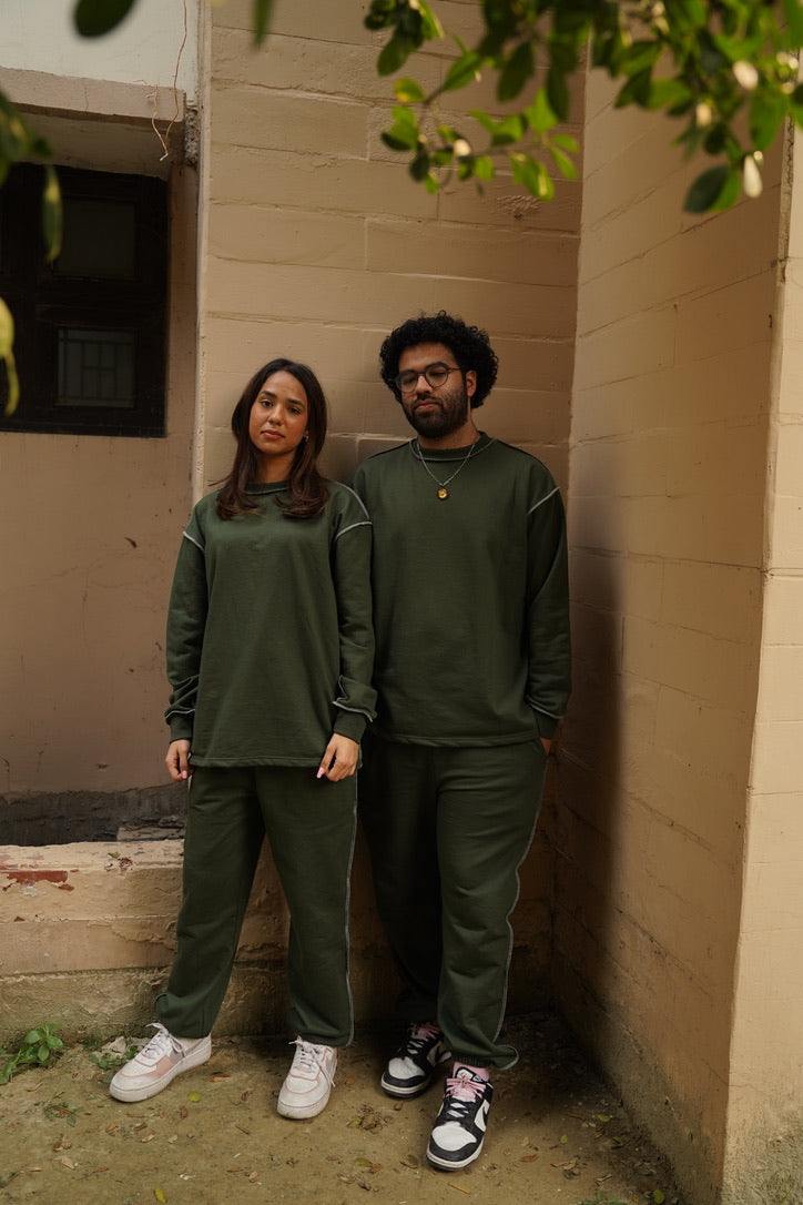 Cotton Fleece Unisex Contrast Stitch Forest Green Co-ord