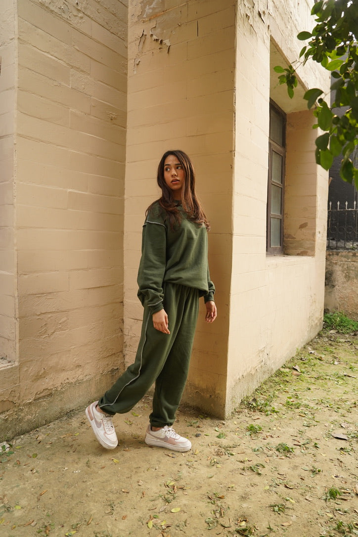 Cotton Fleece Unisex Contrast Stitch Forest Green Co-ord