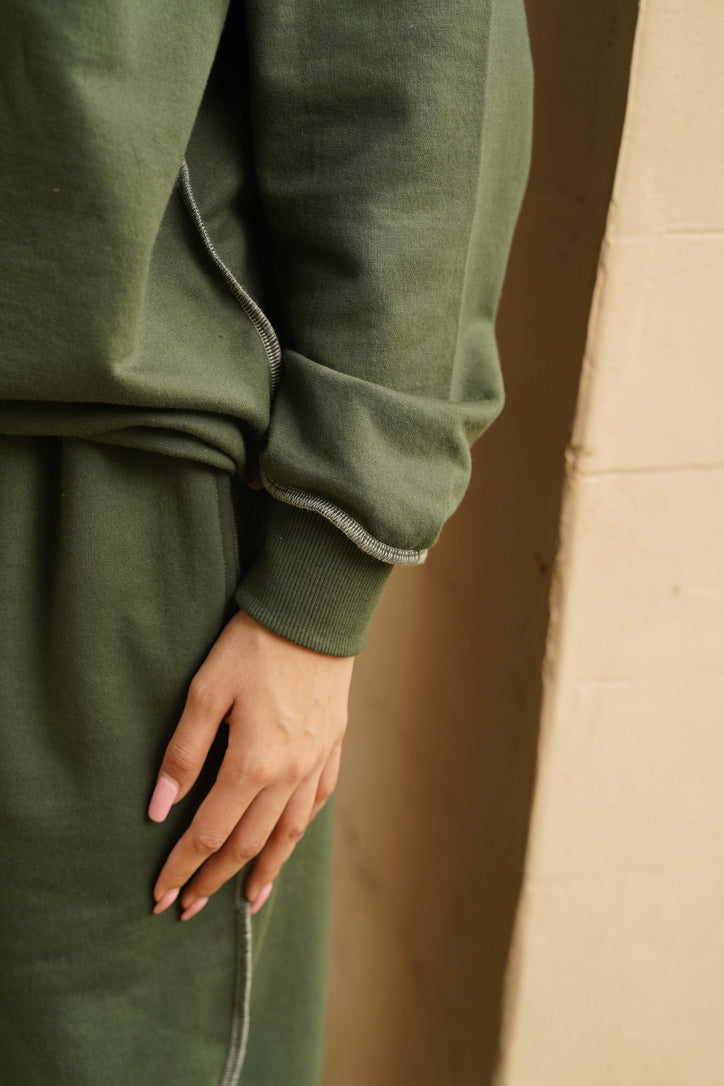 Cotton Fleece Unisex Contrast Stitch Forest Green Co-ord