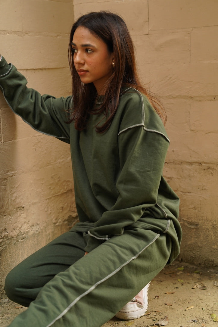 Cotton Fleece Unisex Contrast Stitch Forest Green Co-ord