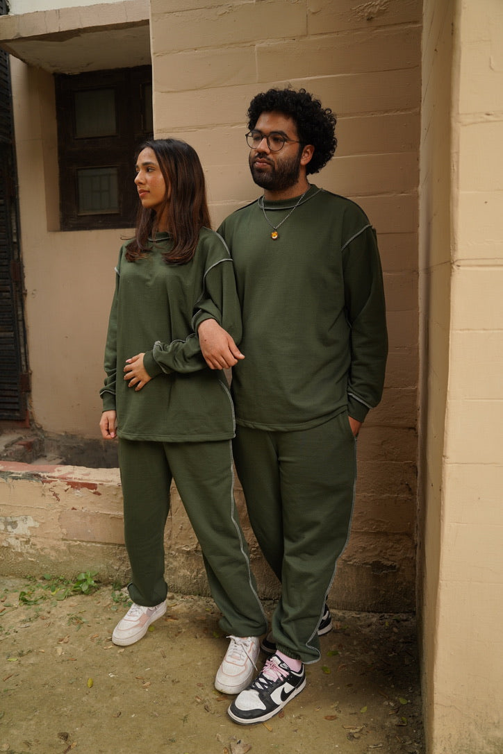 Cotton Fleece Unisex Contrast Stitch Forest Green Co-ord
