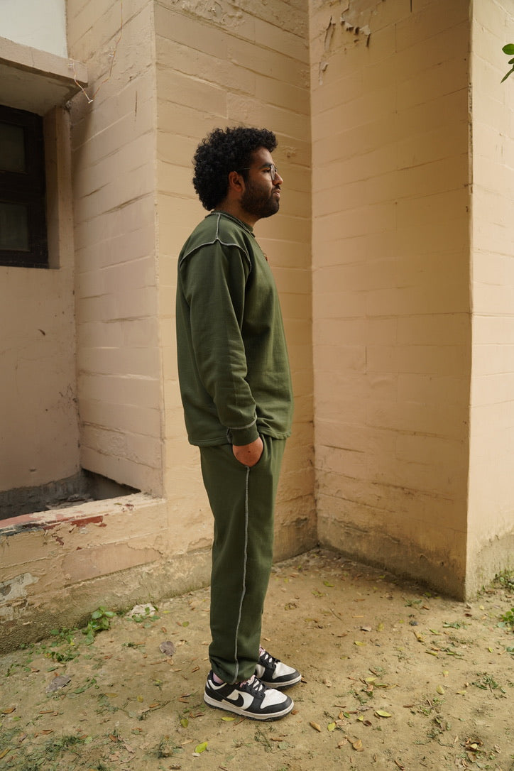 Cotton Fleece Unisex Contrast Stitch Forest Green Co-ord