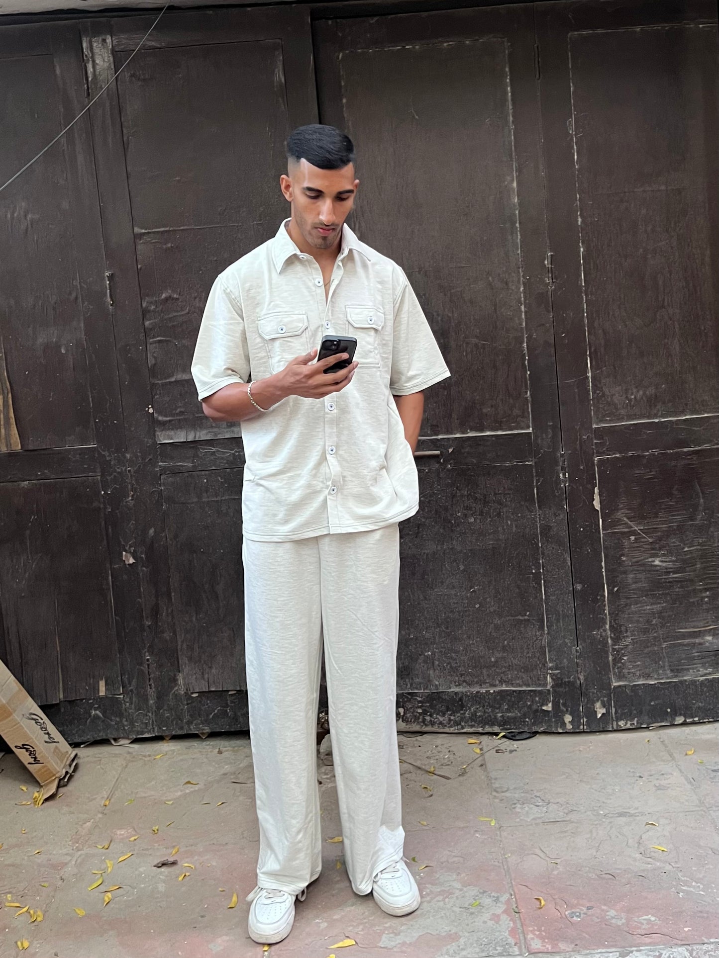 French Terry Men's Shirt Co-ord White Melange