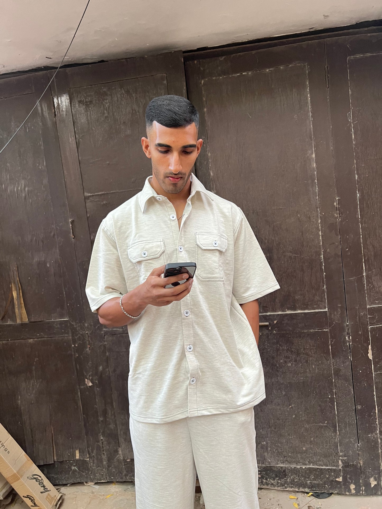 French Terry Men's Shirt Co-ord White Melange
