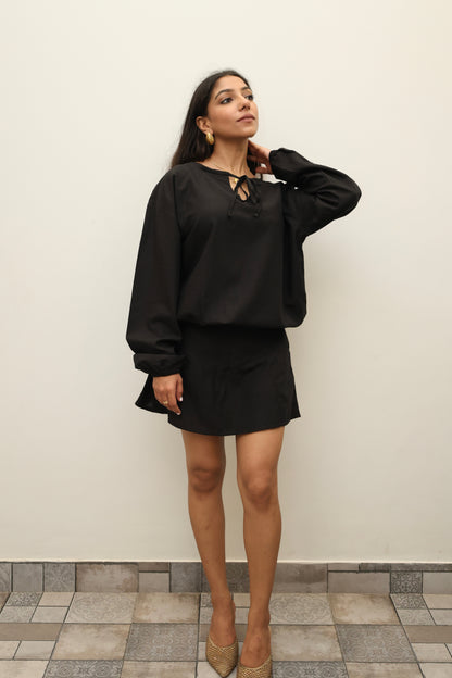 Black Cotton Linen Blend SKORT Set