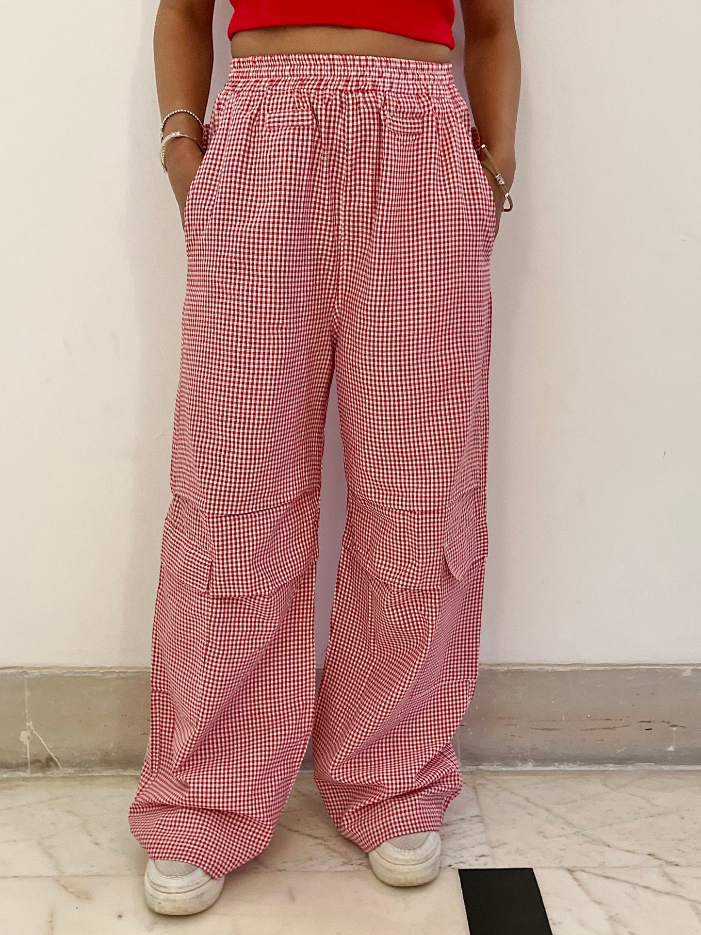 Red Half Sleeves Gingham Pant Set
