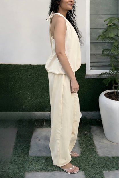 Cream Cotton Tie-Up Top & Balloon Pants Set